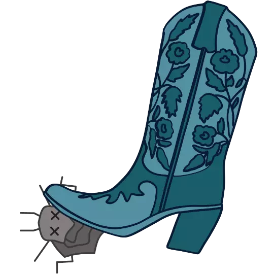 Liz's logo: an illustration of a teal cowboy boot stepping on a dead louse